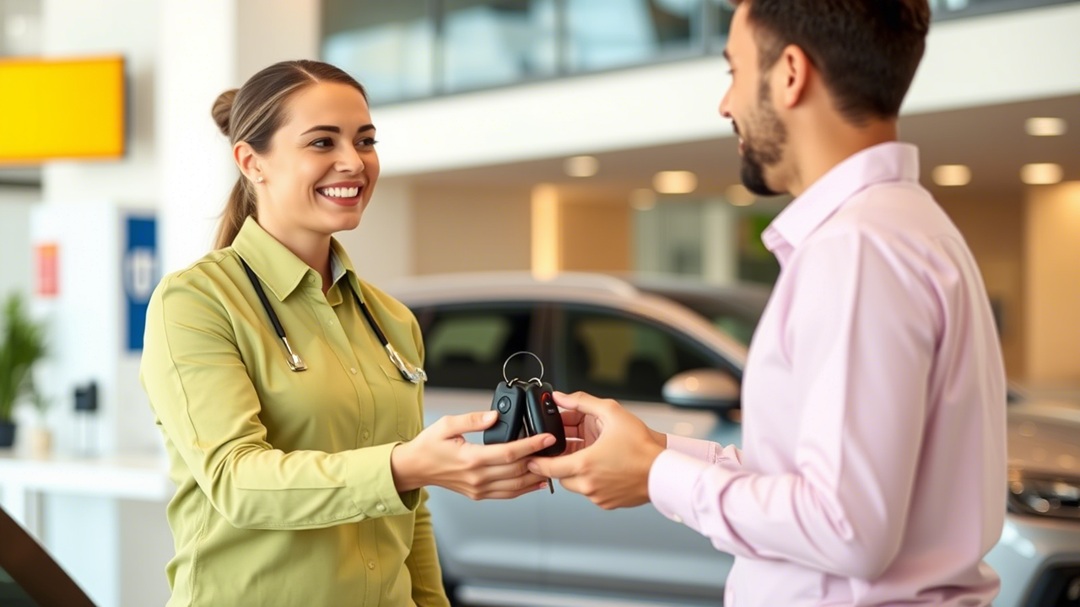 the car rental manager gives the keys to the car to the customer